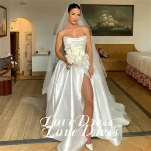 Elegant High Neck Wedding Dress with Pleats, Side Slit, and Backless Design