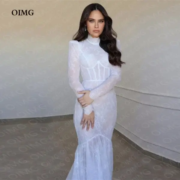 New A-Line High Neck Wedding Dress with Lace and Long Sleeves