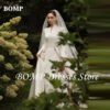 Simple Satin Wedding Dress Long Sleeve Pleats Muslim Bridal Gown